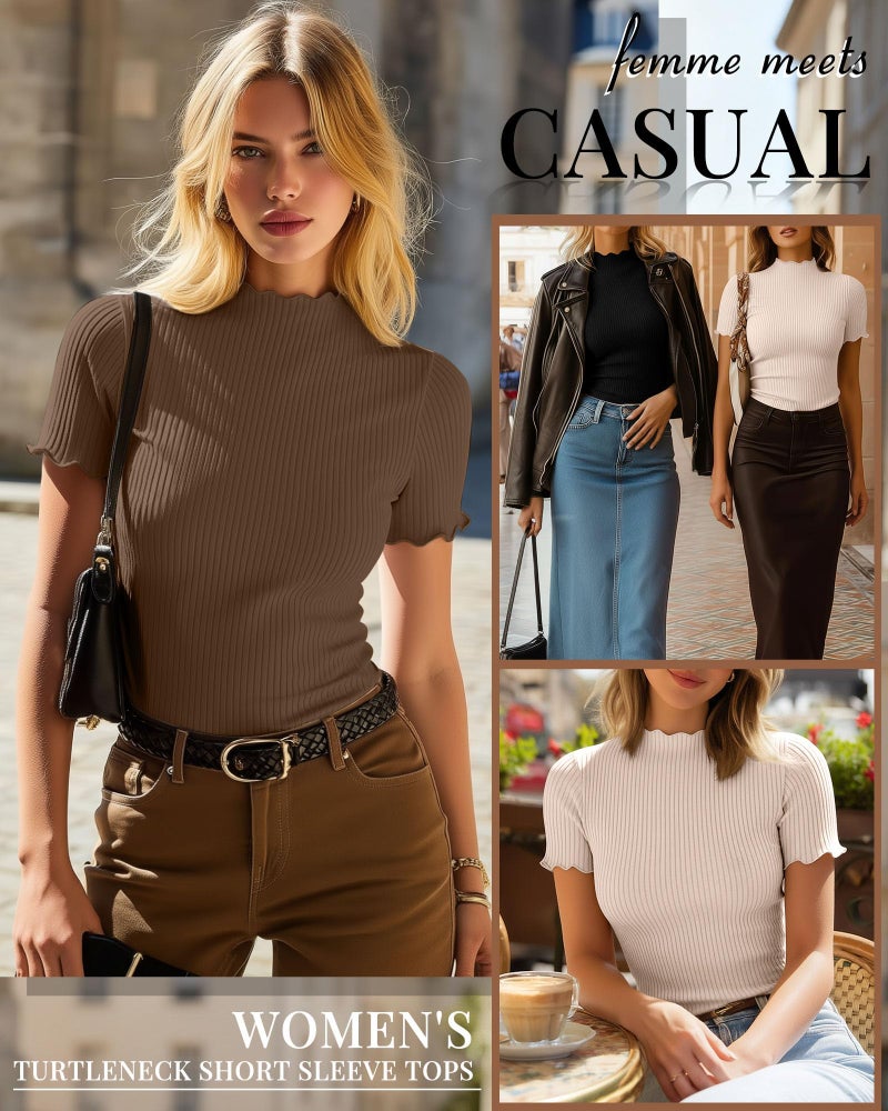 Huukeay 3 Pack Women's Mock Turtleneck Short Sleeve Tops Cotton Ribbed Lettuce Trim T Shirts Slim Fit Casual Base Tee(Black, Mocha Brown, Cream,Large) - Image 2