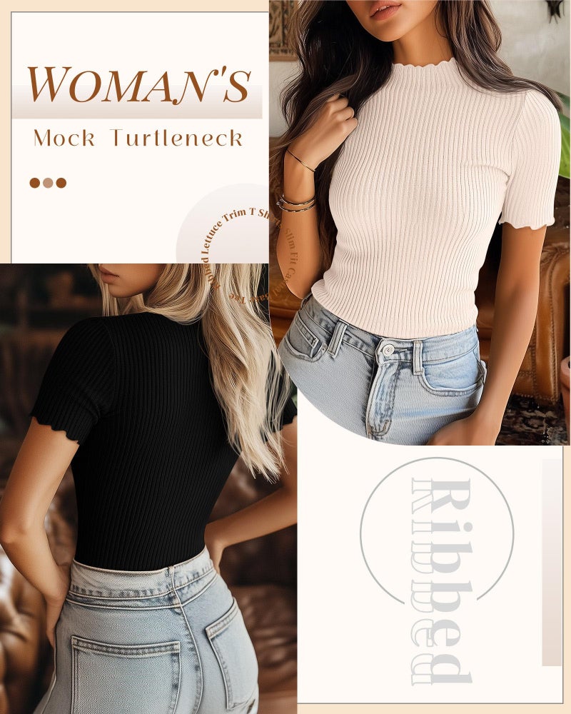 Huukeay 3 Pack Women's Mock Turtleneck Short Sleeve Tops Cotton Ribbed Lettuce Trim T Shirts Slim Fit Casual Base Tee(Black, Mocha Brown, Cream,Large) - Image 4
