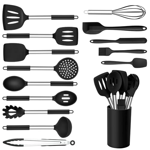 Onader Kitchen Utensils Set 15 Pcs Silicone Cooking Utensils Set with Holder and Heat Resistant Stainless Steel Handle for Nonstick Cookware Black - Image 1