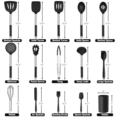 Onader Kitchen Utensils Set 15 Pcs Silicone Cooking Utensils Set with Holder and Heat Resistant Stainless Steel Handle for Nonstick Cookware Black - Image 3