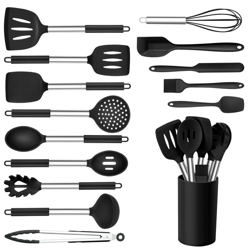 Onader Kitchen Utensils Set 15 Pcs Silicone Cooking Utensils Set with Holder and Heat Resistant Stainless Steel Handle for Nonstick Cookware Black - Image 2