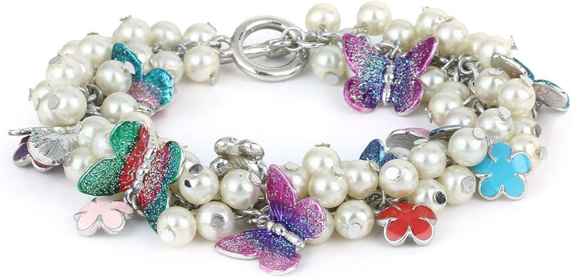 Estele Rhodium Plated Gardenia Enamel Flower Butterfly Pearl Charm Bracelet - Image 1