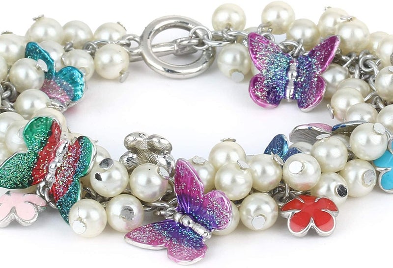 Estele Rhodium Plated Gardenia Enamel Flower Butterfly Pearl Charm Bracelet - Image 4