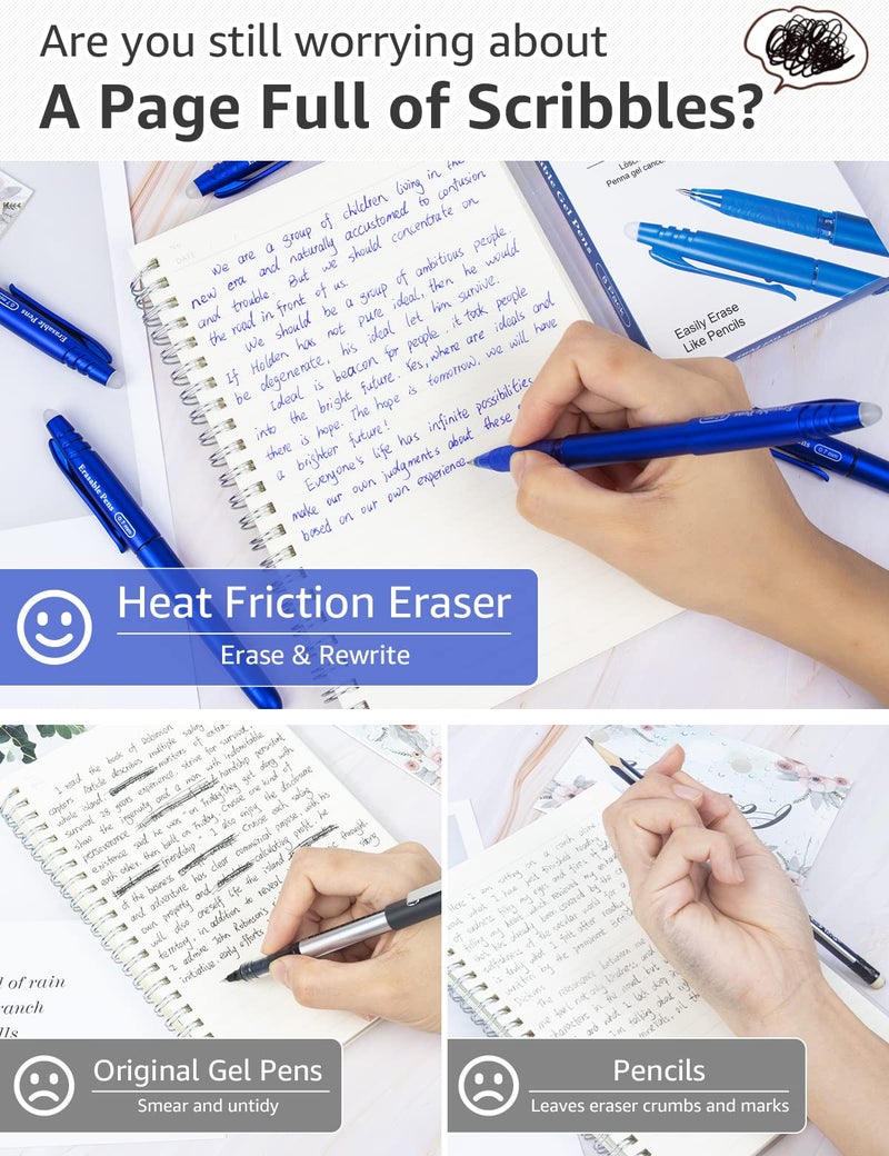 KERIFI Erasable Gel Pens 0.7mm, KERIFI Blue Heat Erasable Fine Point Ballpoint Pens, Make Mistakes Disappear, Gel Ink Pens with Eraser for Drawing Writing Planner Journaling Crossword Puzzles School Supplies - Image 3