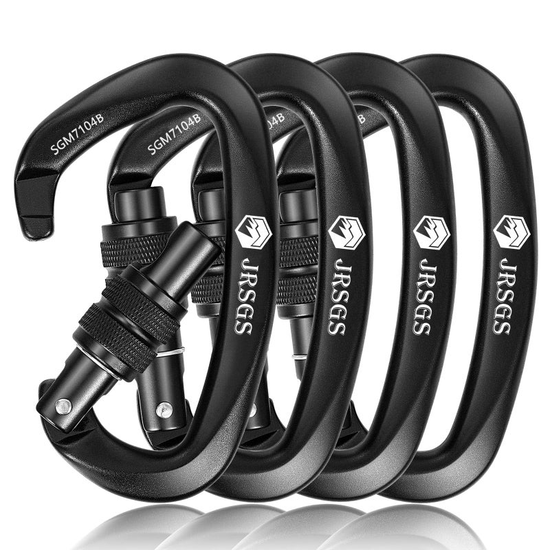 JRSGS 25KN Locking Climbing Carabiner Clips, UIAA Certified Rock Climbing Carabiner,Heavy Duty Carabiners Equipment,Large Size Carabiner for Climbing, Rappelling,Hunting and Rescue (Black 4Pcs) - Image 1