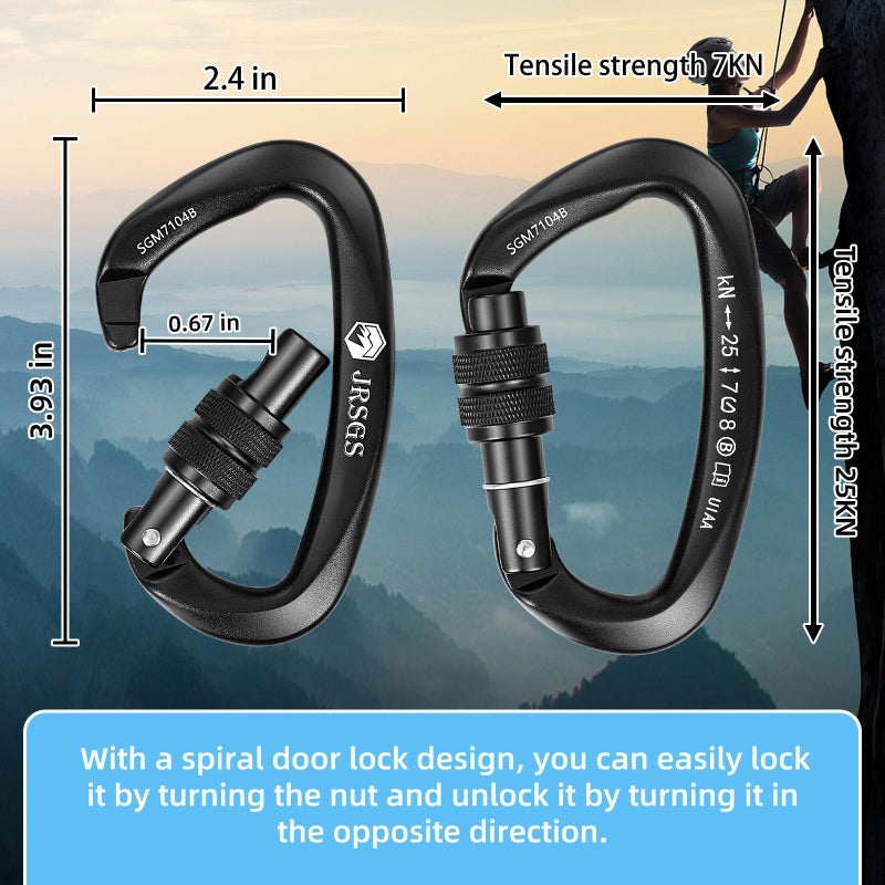 JRSGS 25KN Locking Climbing Carabiner Clips, UIAA Certified Rock Climbing Carabiner,Heavy Duty Carabiners Equipment,Large Size Carabiner for Climbing, Rappelling,Hunting and Rescue (Black 4Pcs) - Image 2