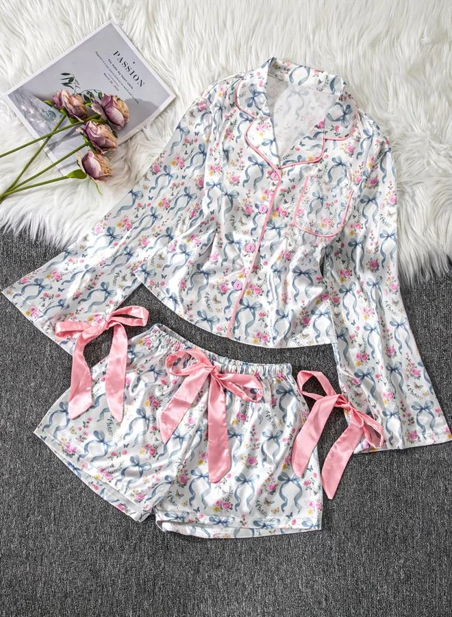 Take Two Floral Print Bow Detail Shirt and Shorts Set