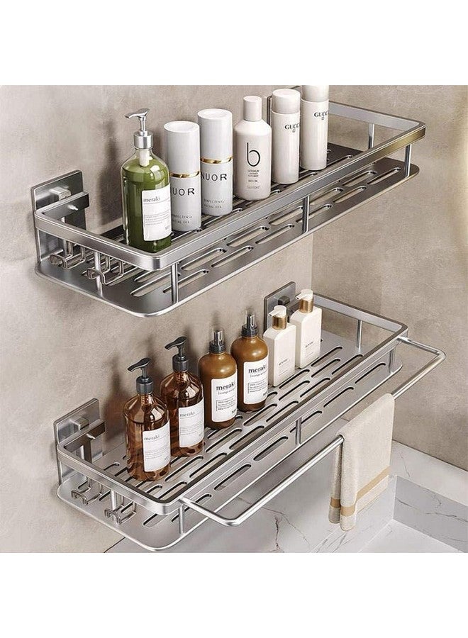 EVALAND EVALAND Aluminum Shower Caddy, Adhesive Shower Shelves, 2-Pack with Hooks and Rod for Towels, No Drill Wall Mount Rustproof Premium Organizer for Bathroom, Kitchen, Silver  - Image 2