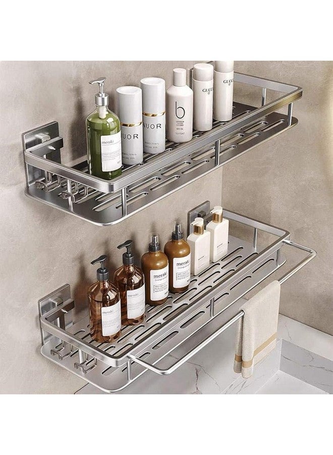 EVALAND EVALAND Aluminum Shower Caddy, Adhesive Shower Shelves, 2-Pack with Hooks and Rod for Towels, No Drill Wall Mount Rustproof Premium Organizer for Bathroom, Kitchen, Silver  - Image 1