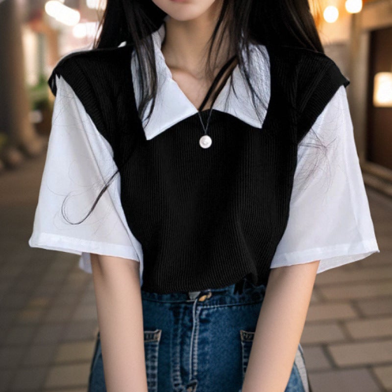 College-Style Fake Two-Piece T-Shirt Women'S Sweet Shoulder Lassel Contrast Color New Short-Sleeved Dopamine Flesh-Covered Top - Image 5