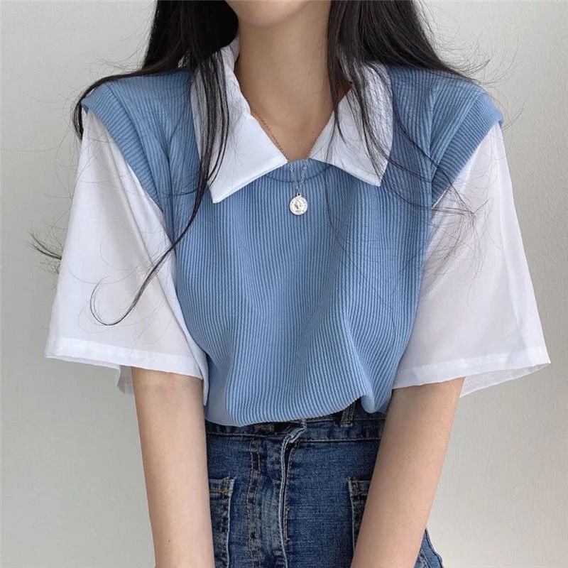 College-Style Fake Two-Piece T-Shirt Women'S Sweet Shoulder Lassel Contrast Color New Short-Sleeved Dopamine Flesh-Covered Top - Image 2
