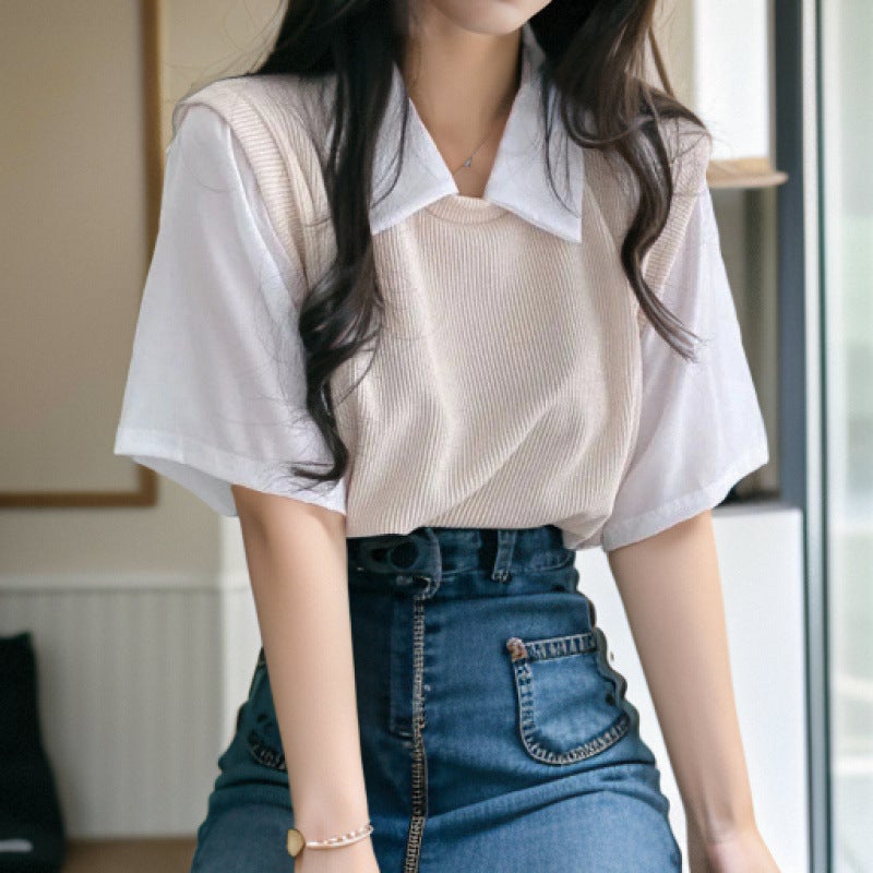 College-Style Fake Two-Piece T-Shirt Women'S Sweet Shoulder Lassel Contrast Color New Short-Sleeved Dopamine Flesh-Covered Top - Image 4
