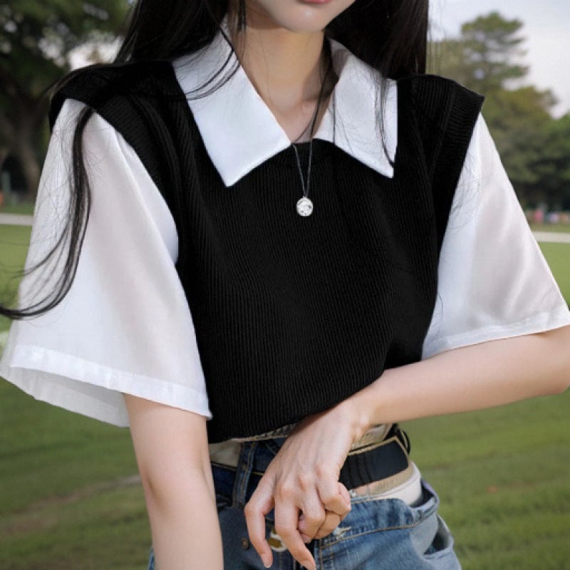 College-Style Fake Two-Piece T-Shirt Women'S Sweet Shoulder Lassel Contrast Color New Short-Sleeved Dopamine Flesh-Covered Top - Image 1