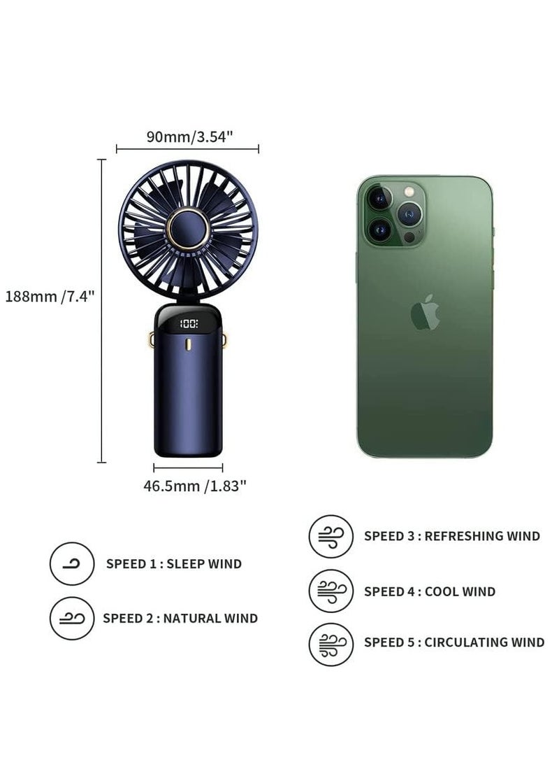 Necomi Rechargeable Portable Handheld Fan with 5 Speeds and LED Display, Long-Lasting Table Fan for Office, Bedroom, Outdoor Activities and Travel (Dark Blue)  - Image 5