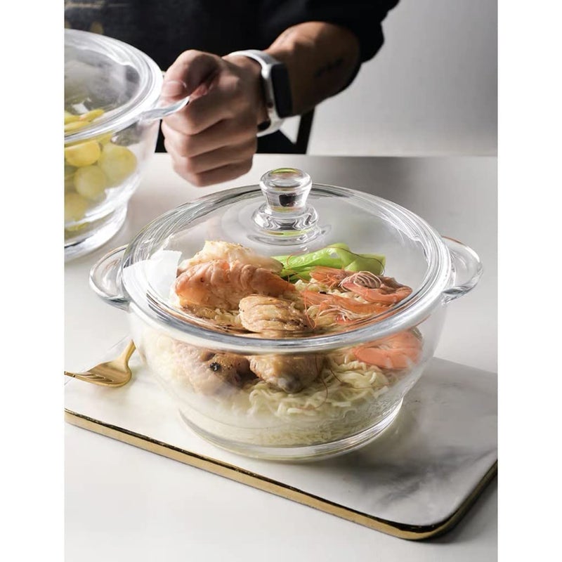 CYNFLEES 1 Litre Glass Serving Bowl with Lid | Oven Microwave Safe Casserole | Mixing Pottery for Snacks Cake Cereal Rice Sambar | Vessel for Curry Kitchen Server Ware (1000 ml) Pack of (2) - Image 2