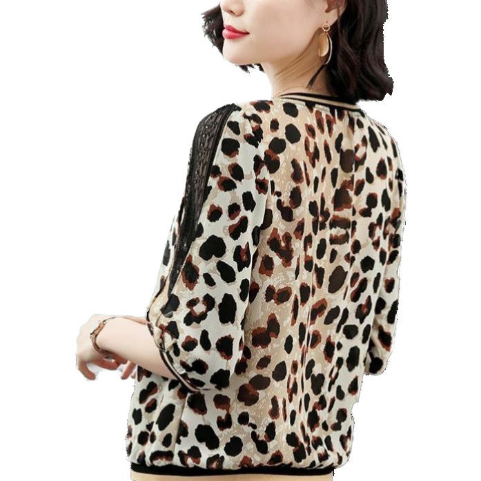 Fashionable leopard print T-shirt for Women 2020 early autumn new three-quarter sleeve round neck loose slimming plus size lace top fashion - Image 2