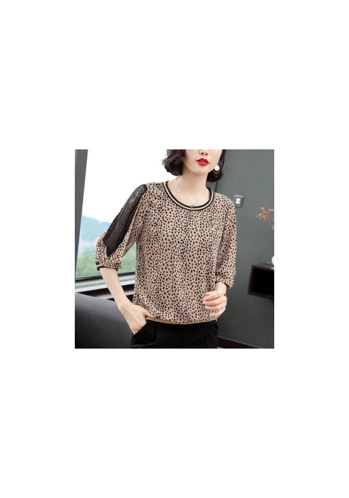 Fashionable leopard print T-shirt for Women 2020 early autumn new three-quarter sleeve round neck loose slimming plus size lace top fashion - Image 1