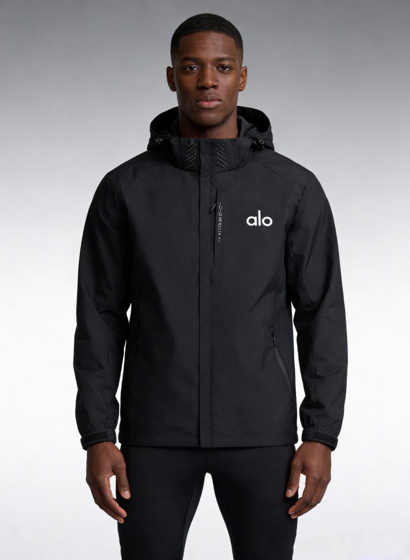 ألو أسود كبيرة الغطاء سترة - نسيج مقاوم للماء، قابلة للتعديل غطاء السحب، شعار العلامة التجارية الحد الأدنى، كاسحة الرياح متعددة الاستخدامات في الهواء الطلق والتصميم اليومي العادي - Image 4