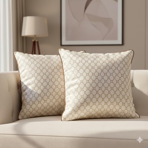 KINGLY Beige Gold Honeycomb Geometric Velvet Cushion Covers 16x16 Inch, Set of 2 | Decorative Square Throw Pillow Covers for Sofa, Bed, Car & Living Room | Soft Plush Fabric, Hidden Zipper, Durable St - Image 1