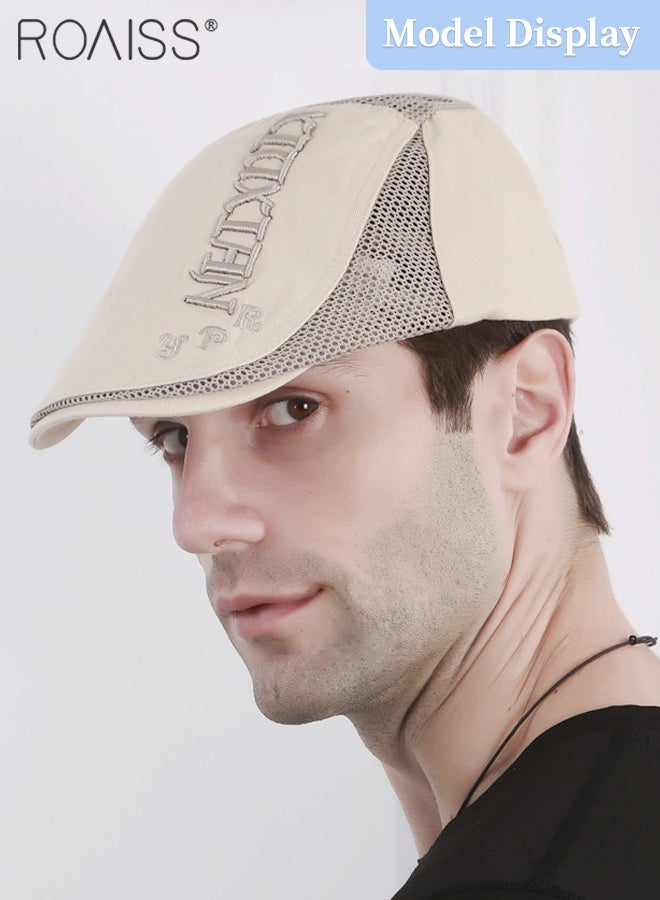 roaiss Adjustable Newsboy Cap for Men Vintage Beret Flat Cap Breathable Mesh Hat Mens Summer Cotton Hat Golf Fishing Hat (Beige, One Size)  - Image 2