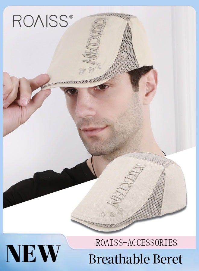 roaiss Adjustable Newsboy Cap for Men Vintage Beret Flat Cap Breathable Mesh Hat Mens Summer Cotton Hat Golf Fishing Hat (Beige, One Size)  - Image 1