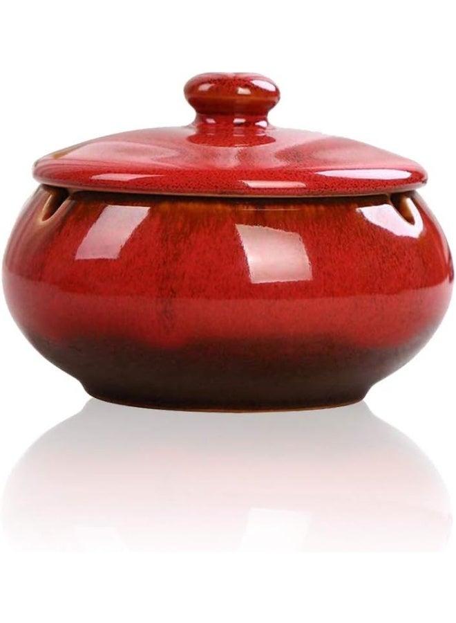 Ceramic Ashtray with Lid, Windproof, for Indoor and Outdoor Use, Desktop Ash Tray for Home Office Decoration (Red) - Image 1