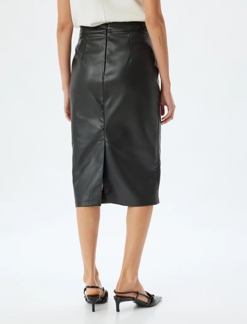 كوتون Cotton Faux Leather Skirt Midi Length Pencil Form Slit Belt Detail