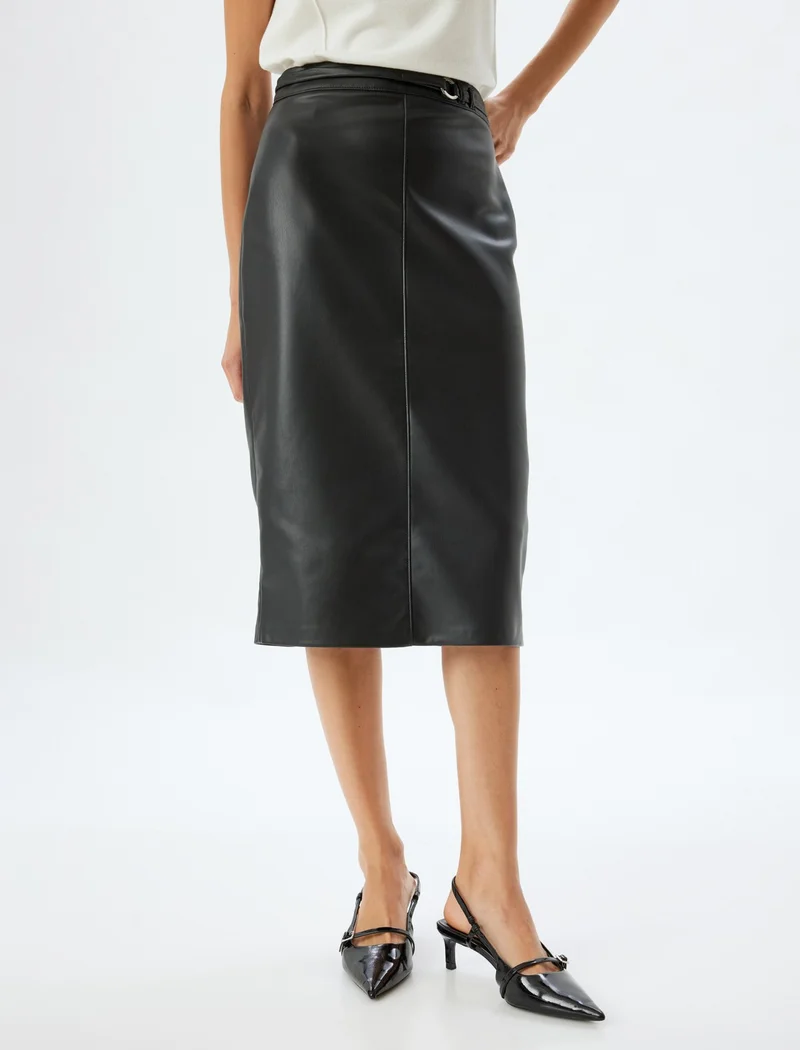 كوتون Cotton Faux Leather Skirt Midi Length Pencil Form Slit Belt Detail