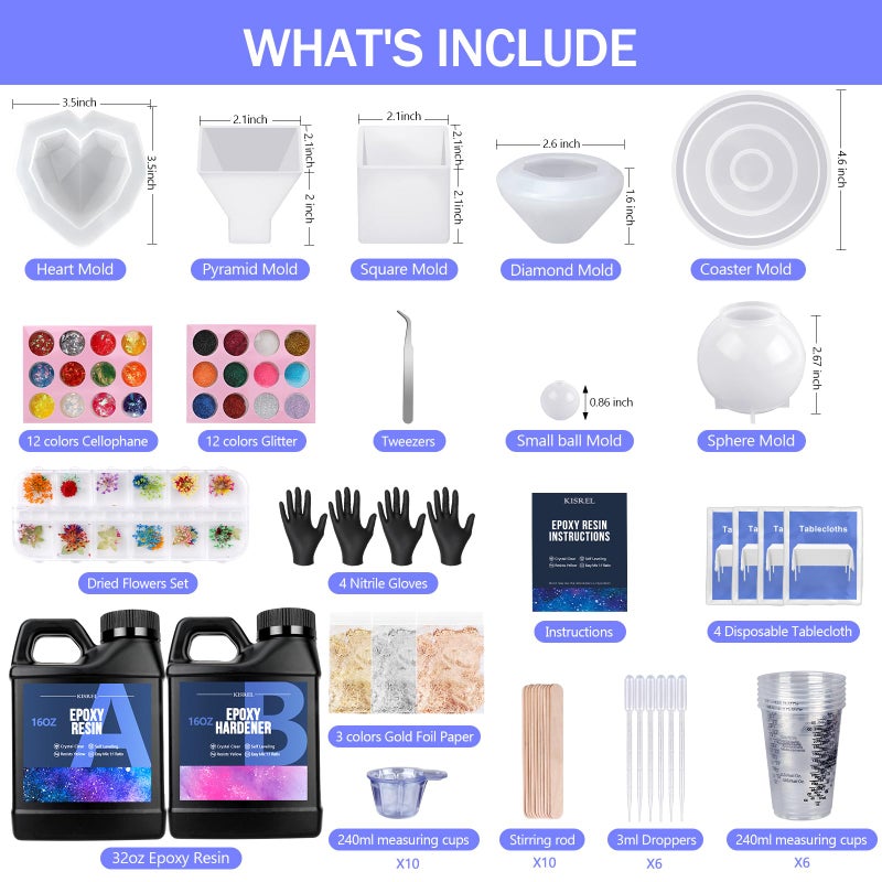 KISREL Epoxy Resin Kit for Beginners, Resin Kit with Molds, 32OZ Epoxy Kit wiht Dried Flowers, Measuring Cups and Resins Supplies - Image 2