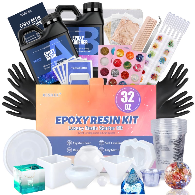 KISREL Epoxy Resin Kit for Beginners, Resin Kit with Molds, 32OZ Epoxy Kit wiht Dried Flowers, Measuring Cups and Resins Supplies - Image 1
