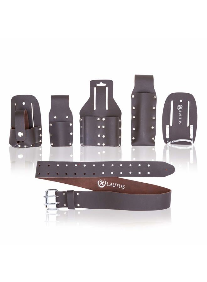 LAUTUS Scaffolding Belt | 6-Piece Leather Scaffold Belt, 2" Wide | Fits Waist Sizes from 32” – 46” | Includes 5 Scaffold Tool Holders to Securely Hold Your Level, Tape, Spanners, Hammer - Image 2