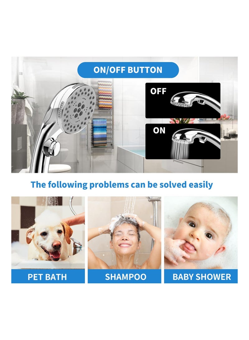 Shower Head with Handheld Handheld On Off Switch 6 Spray Settings Water Saving High Pressure Heads Suitable for Baby Pets Chrome Finish - Image 4