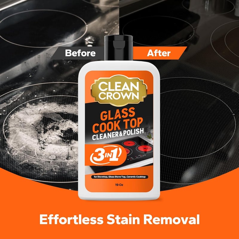 CleanCrown 3-in-1 Cooktop Cleaner Kit (19 Oz Cooktop Cleaner + Scrubbing Pad + Scraper), Stovetop Cleaner for Electric Top Stoves, Ceramic Cooktops & Fireplace Glass, Remove Burned on Food, Grease - Image 2