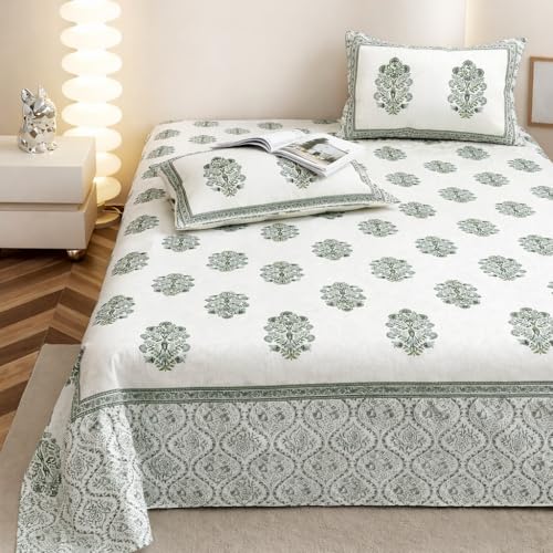 elanorhomes Cotton Double King Size Bedsheet | Hand Printed | Ultra-Soft & Skin-Safe | Breathable Summer Comfort | 90x108 inches with 2 Pillow Covers (Green Fulwari Print) - Image 5