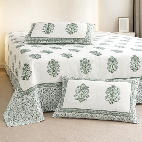 elanorhomes Cotton Double King Size Bedsheet | Hand Printed | Ultra-Soft & Skin-Safe | Breathable Summer Comfort | 90x108 inches with 2 Pillow Covers (Green Fulwari Print) - Image 1