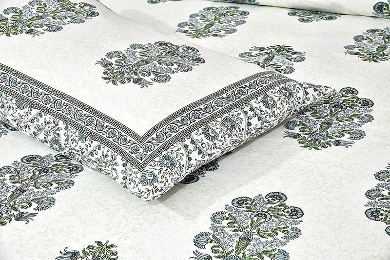 elanorhomes Cotton Double King Size Bedsheet | Hand Printed | Ultra-Soft & Skin-Safe | Breathable Summer Comfort | 90x108 inches with 2 Pillow Covers (Green Fulwari Print) - Image 4
