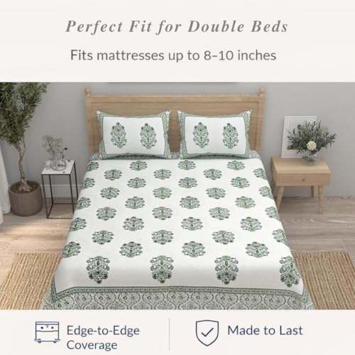elanorhomes Cotton Double King Size Bedsheet | Hand Printed | Ultra-Soft & Skin-Safe | Breathable Summer Comfort | 90x108 inches with 2 Pillow Covers (Green Fulwari Print) - Image 3