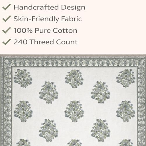 elanorhomes Cotton Double King Size Bedsheet | Hand Printed | Ultra-Soft & Skin-Safe | Breathable Summer Comfort | 90x108 inches with 2 Pillow Covers (Green Fulwari Print) - Image 2