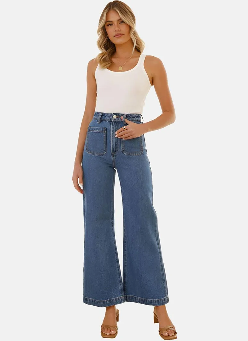 يونيكي Blue Wide Leg Clean Look High-Rise Jeans