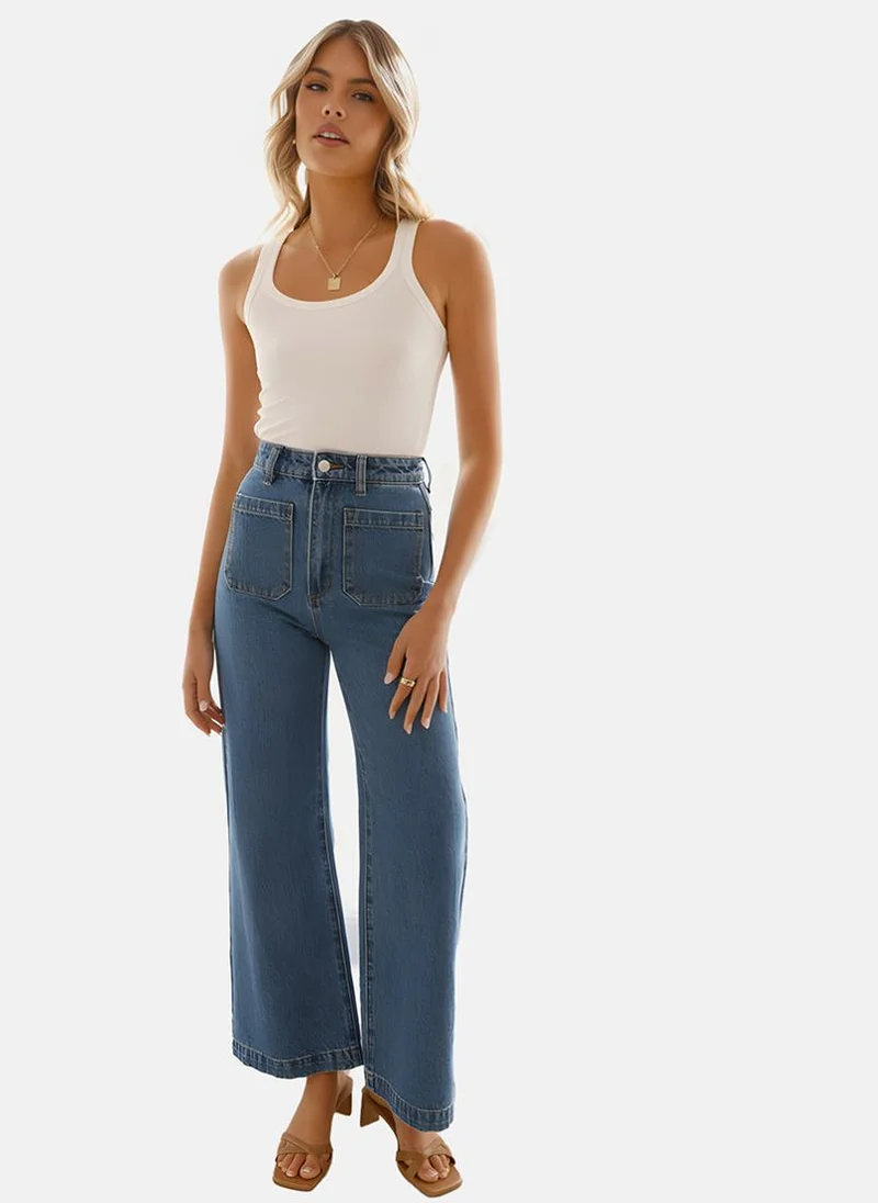 يونيكي Blue Wide Leg Clean Look High-Rise Jeans