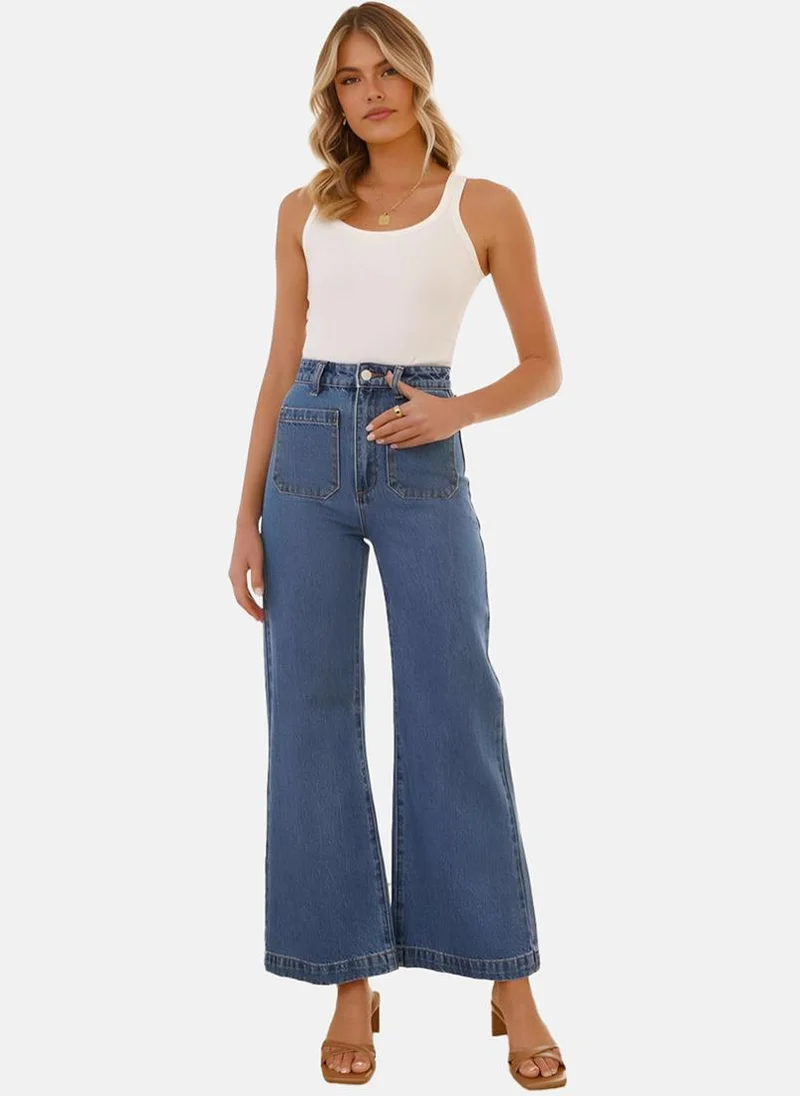 يونيكي Blue Wide Leg Clean Look High-Rise Jeans