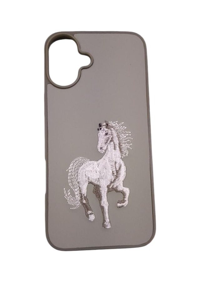 كيس جراب هاتف مضاد للصدمات بتصميم تطريز حصان لهاتف آيفون 16 بلس باللون رمادي