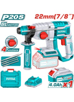 TOTAL Super Total Lithium-Ion Rotary Hammer 20V with 4.0Ah Battery - Brushless Motor, 2.0J Impact Energy, SDS Plus Chuck, LED Work Light, 3 Drill Bits 1 Battery, & Charger  - Image 1