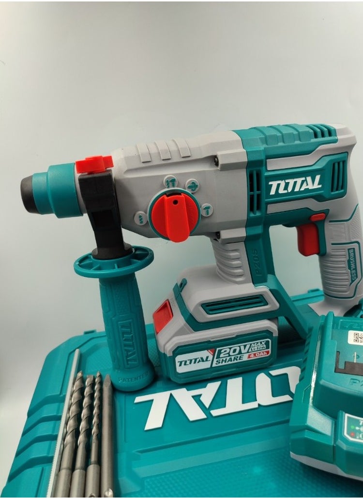 TOTAL Super Total Lithium-Ion Rotary Hammer 20V with 4.0Ah Battery - Brushless Motor, 2.0J Impact Energy, SDS Plus Chuck, LED Work Light, 3 Drill Bits 1 Battery, & Charger  - Image 2