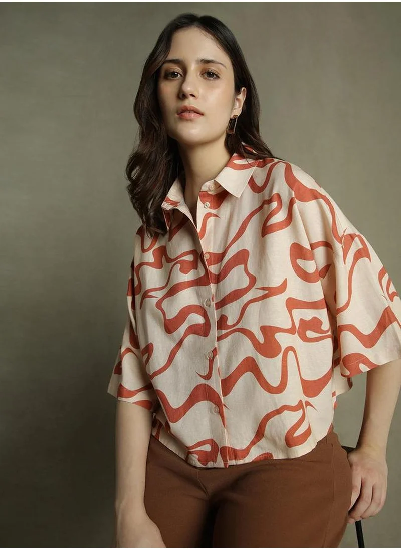 دينيس لينغو Women's Rust Cotton Blend Printed Relaxed Fit Tops
