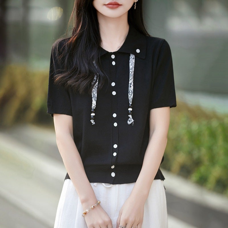 Woolen Polo Collar Knitted Cardigan Short Sleeve 2026 Spring/Summer New Style Loose Versatile T-Shirt Top - Image 1