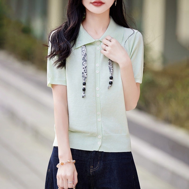 Woolen Polo Collar Knitted Cardigan Short Sleeve 2026 Spring/Summer New Style Loose Versatile T-Shirt Top - Image 2