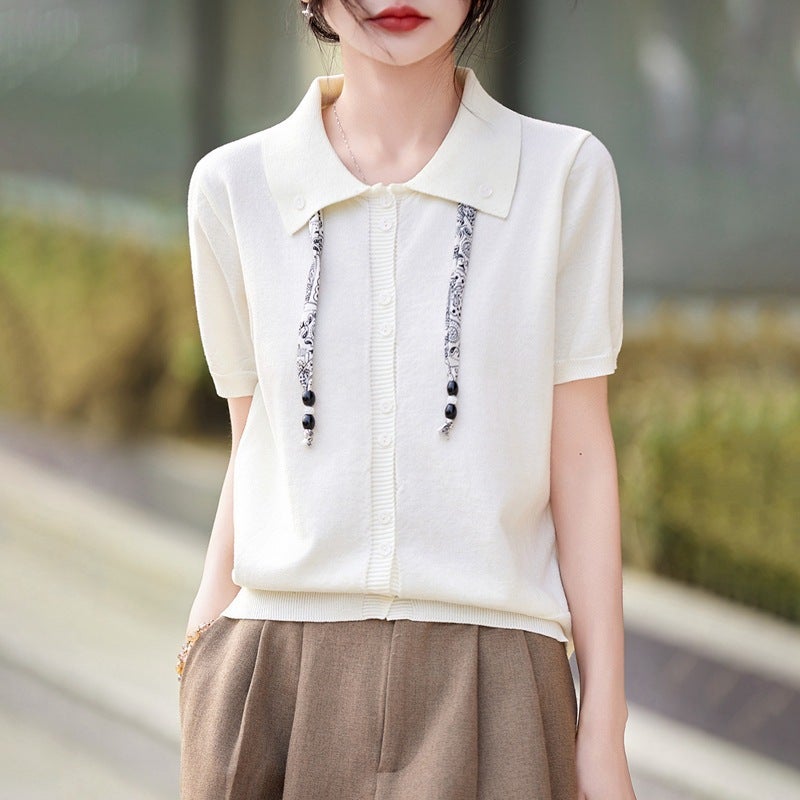 Woolen Polo Collar Knitted Cardigan Short Sleeve 2026 Spring/Summer New Style Loose Versatile T-Shirt Top - Image 3