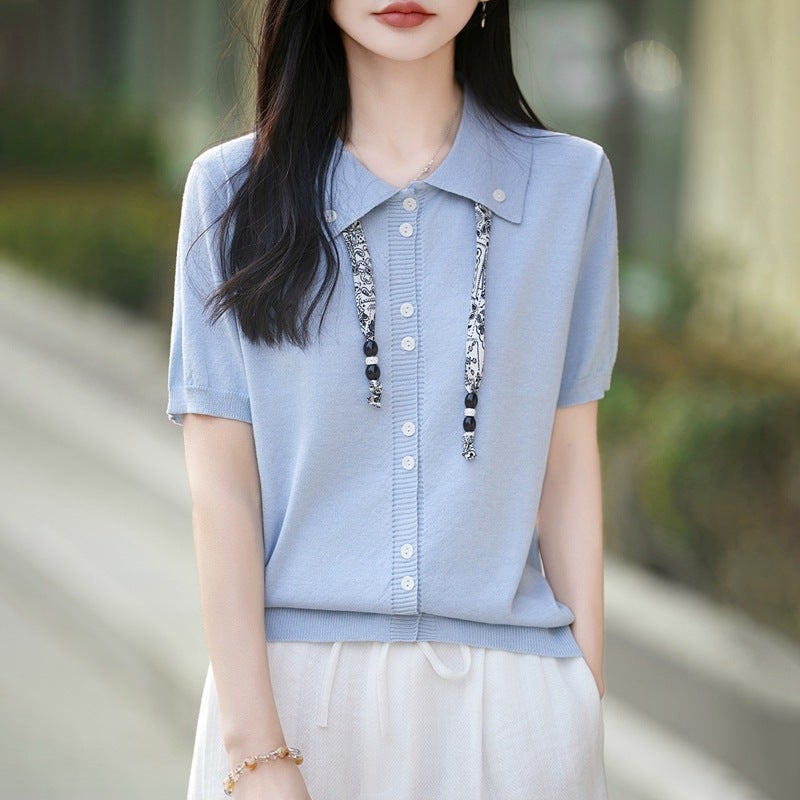 Woolen Polo Collar Knitted Cardigan Short Sleeve 2026 Spring/Summer New Style Loose Versatile T-Shirt Top - Image 5
