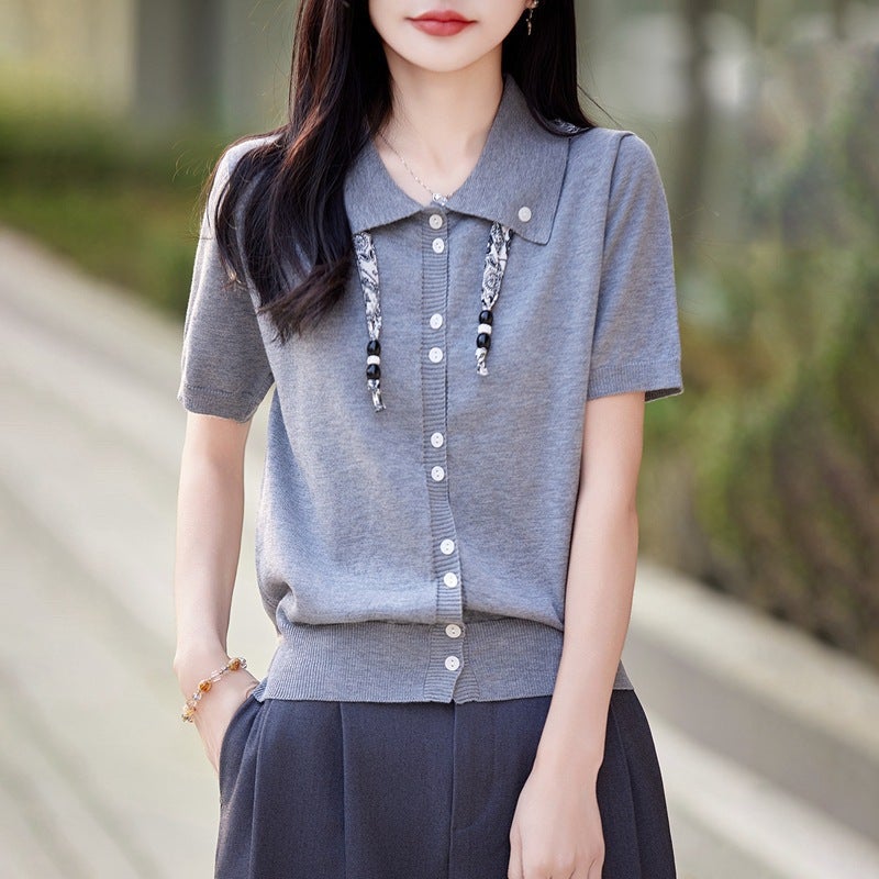 Woolen Polo Collar Knitted Cardigan Short Sleeve 2026 Spring/Summer New Style Loose Versatile T-Shirt Top - Image 4